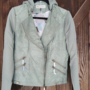 NWT Montanaco M XL Sage Moto Vegan leather Jacket Knit Sleeves detachable Hood